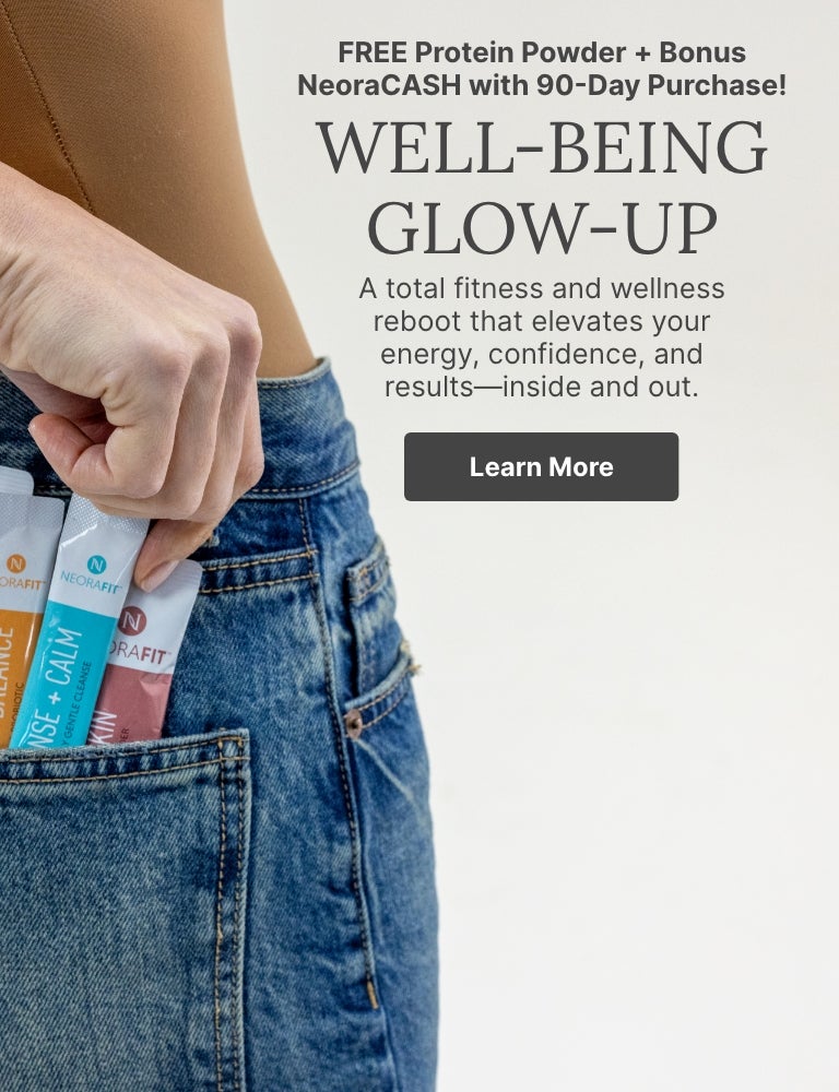 A woman holds three NeoraFit sachets to her chest. Accompanying text mentions you can learn more about a 90-Day Well-Being Glow-Up.